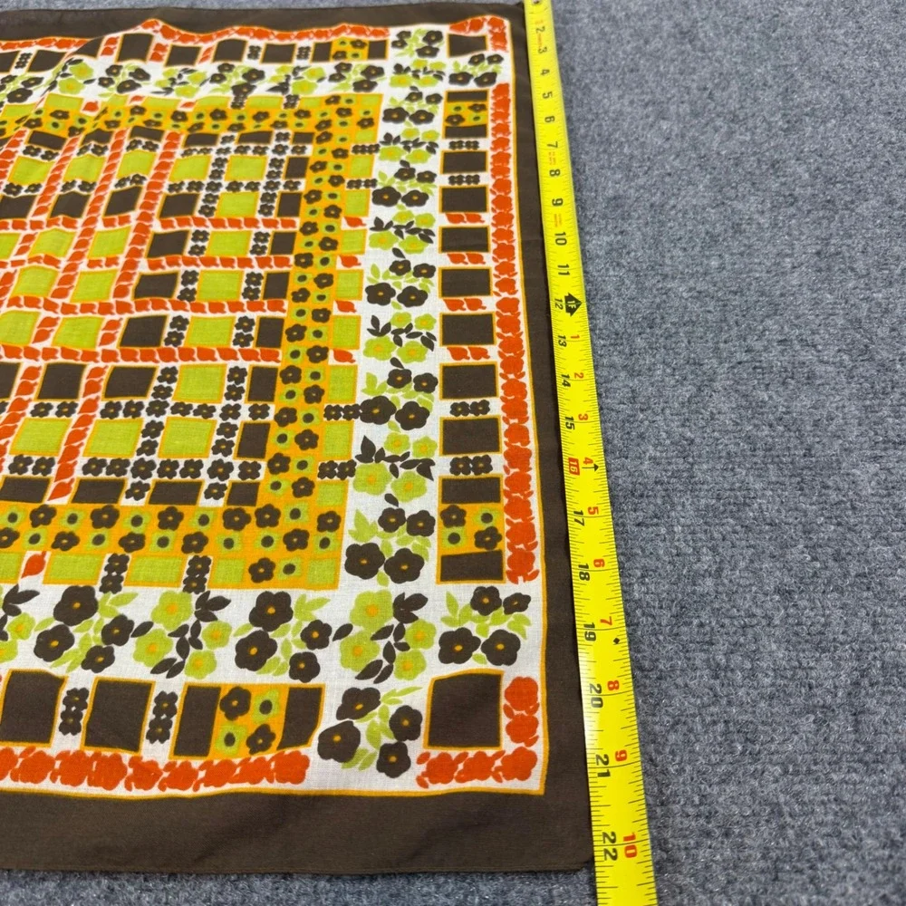 Vintage 70s Floral Geometric Cotton Scarf Made in France Brown Green Orange 21in